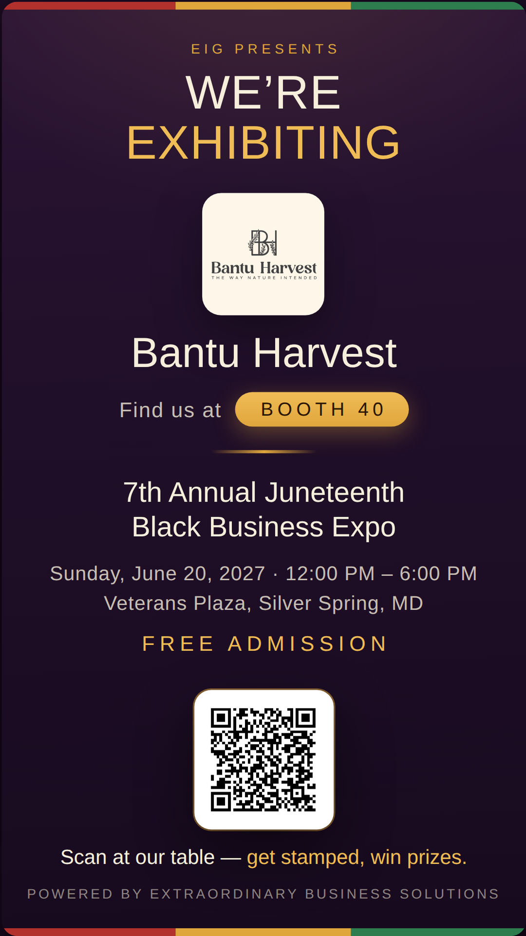 Vertical story graphic announcing Bantu Harvest at Booth 40