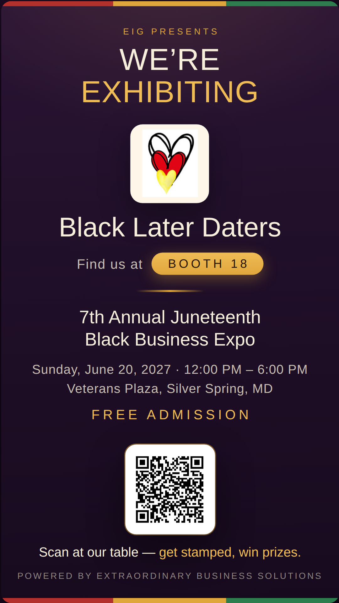 Vertical story graphic announcing Black Later Daters at Booth 18