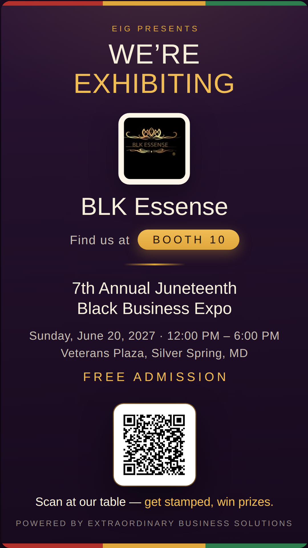 Vertical story graphic announcing BLK Essense at Booth 10