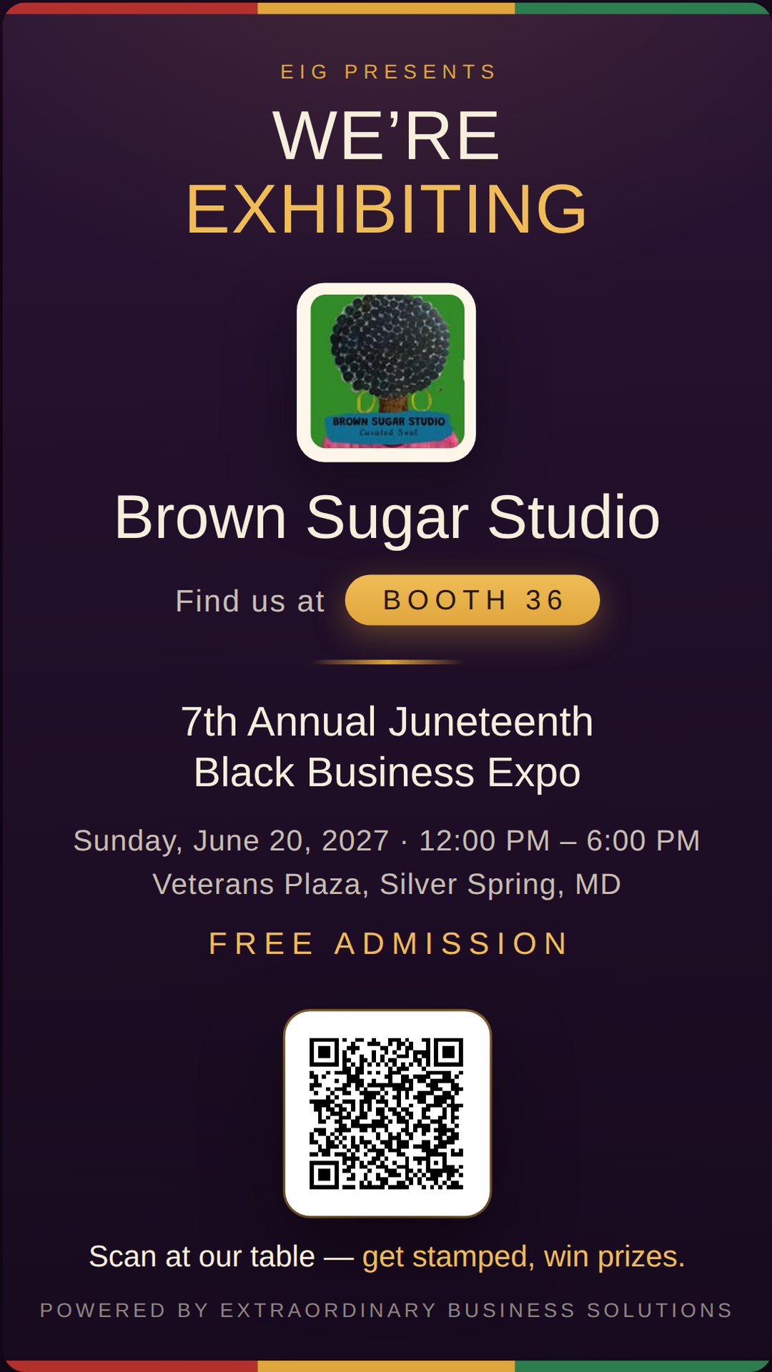 Vertical story graphic announcing Brown Sugar Studio at Booth 36