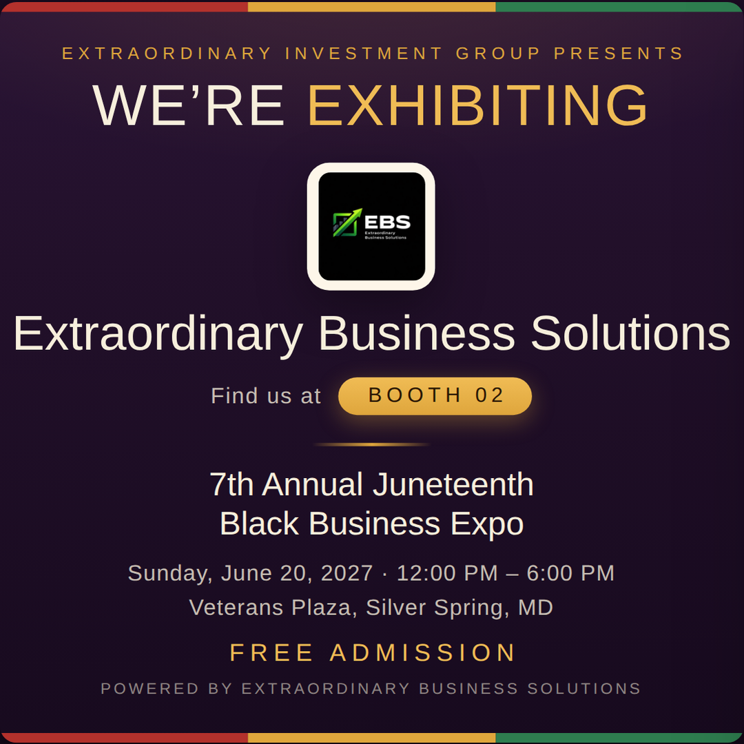 Square social post graphic announcing Extraordinary Business Solutions at Booth 02