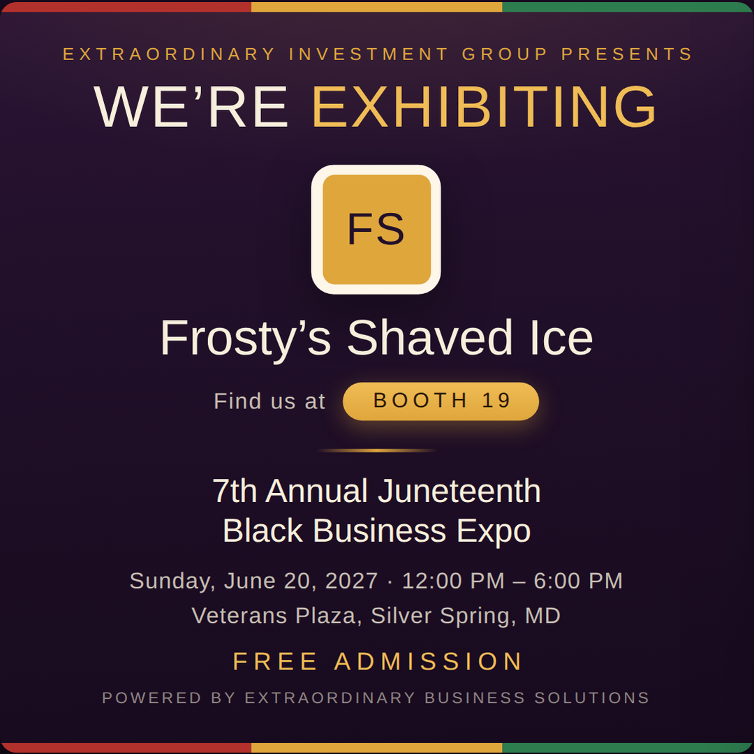 Square social post graphic announcing Frosty&rsquo;s Shaved Ice at Booth 19