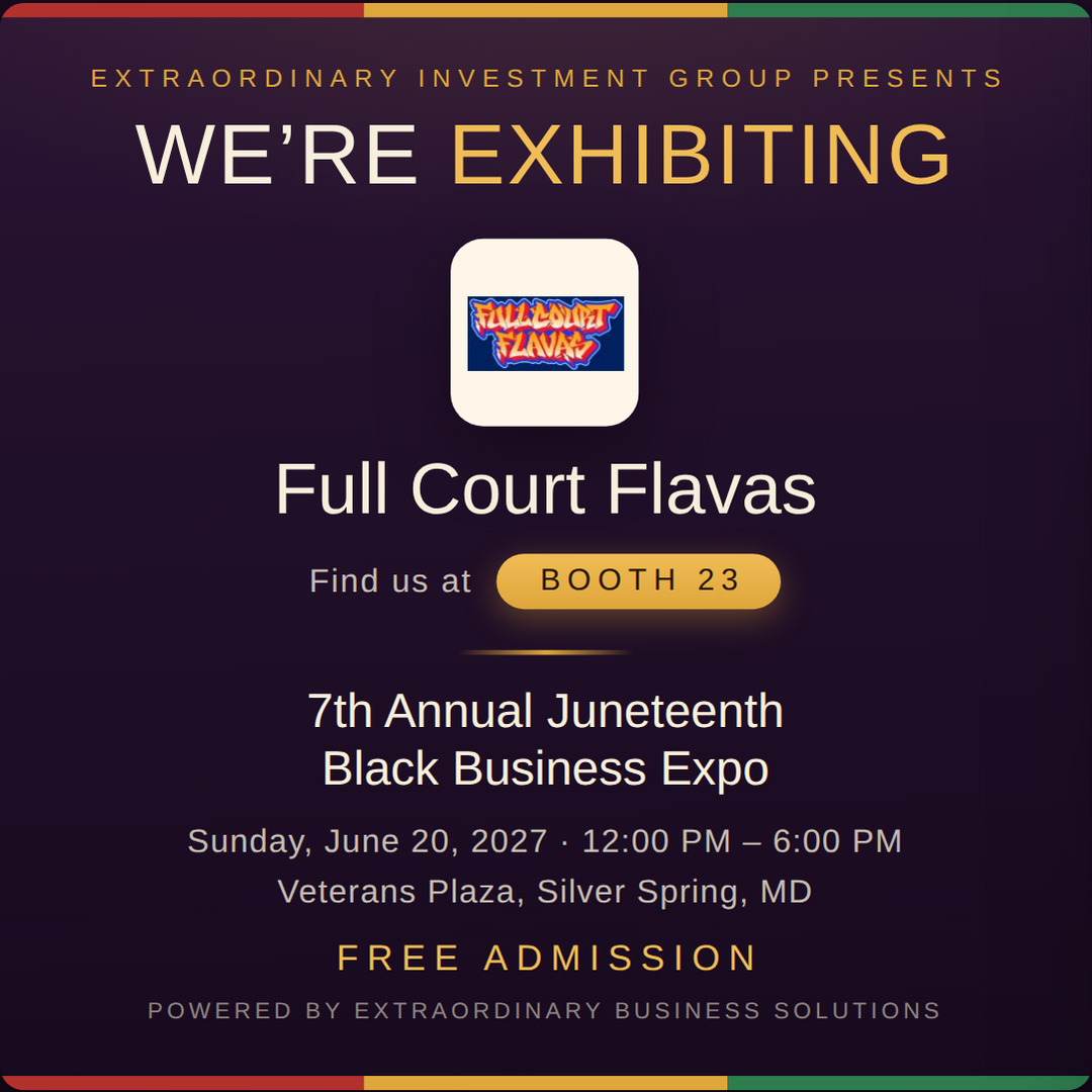 Square social post graphic announcing Full Court Flavas at Booth 23