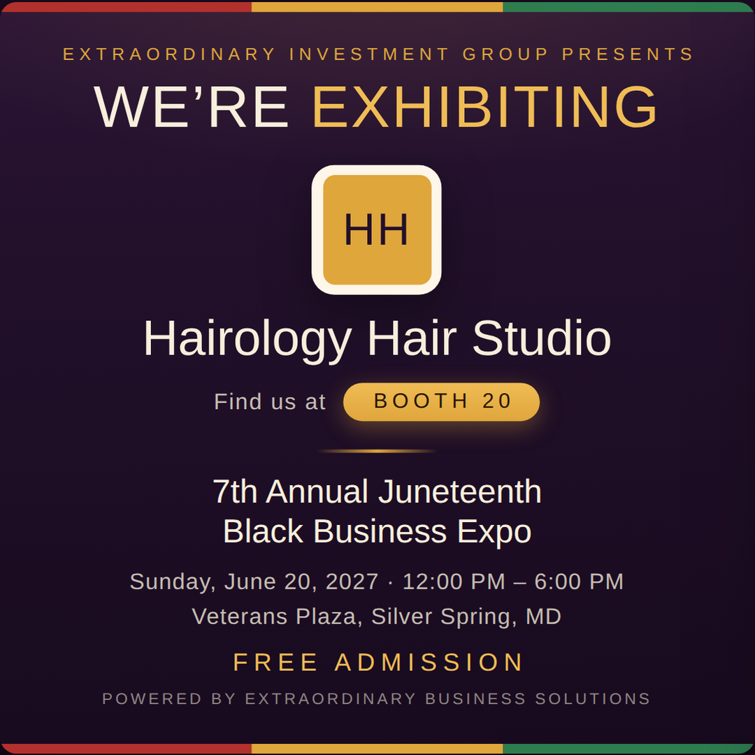 Square social post graphic announcing Hairology Hair Studio at Booth 20