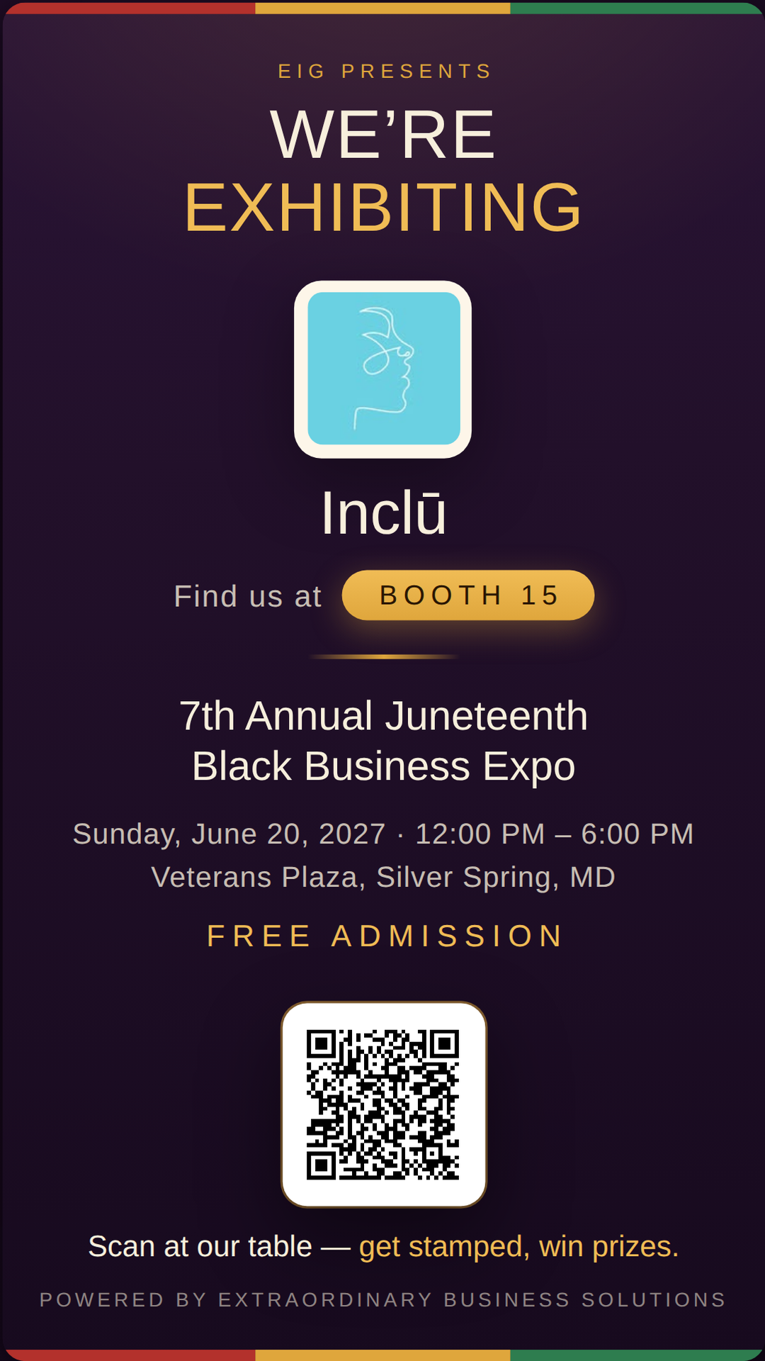 Vertical story graphic announcing Inclū at Booth 15