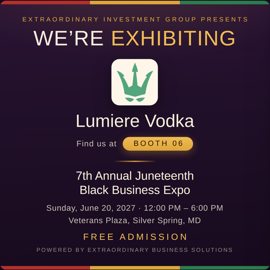 Square social post graphic announcing Lumiere Vodka at Booth 06