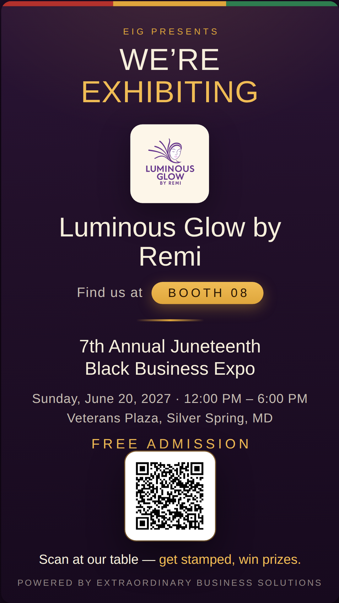 Vertical story graphic announcing Luminous Glow by Remi at Booth 08