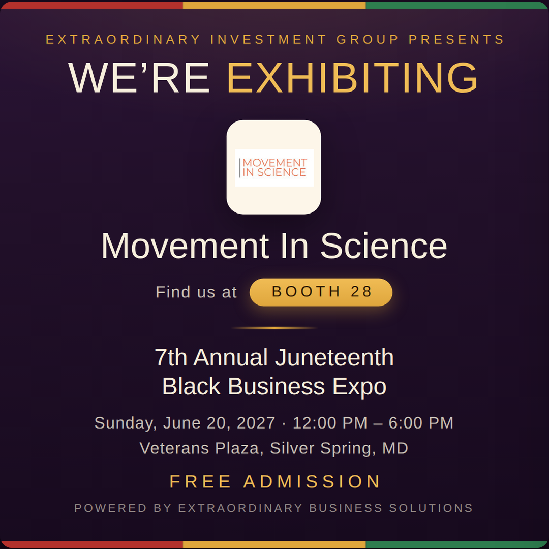 Square social post graphic announcing Movement In Science at Booth 28