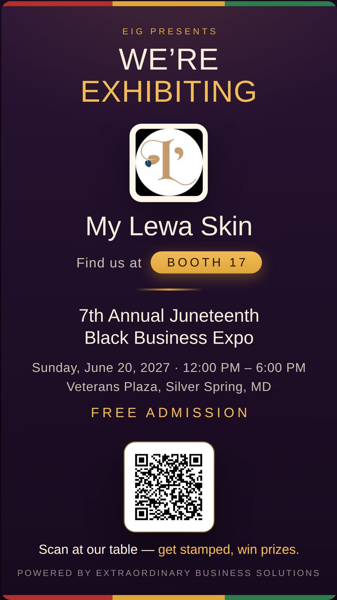 Vertical story graphic announcing My Lewa Skin at Booth 17