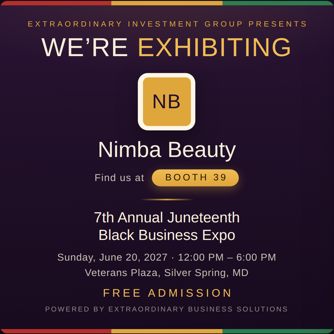 Square social post graphic announcing Nimba Beauty at Booth 39