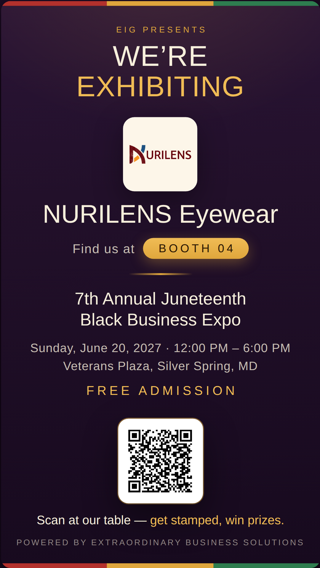 Vertical story graphic announcing NURILENS Eyewear at Booth 04