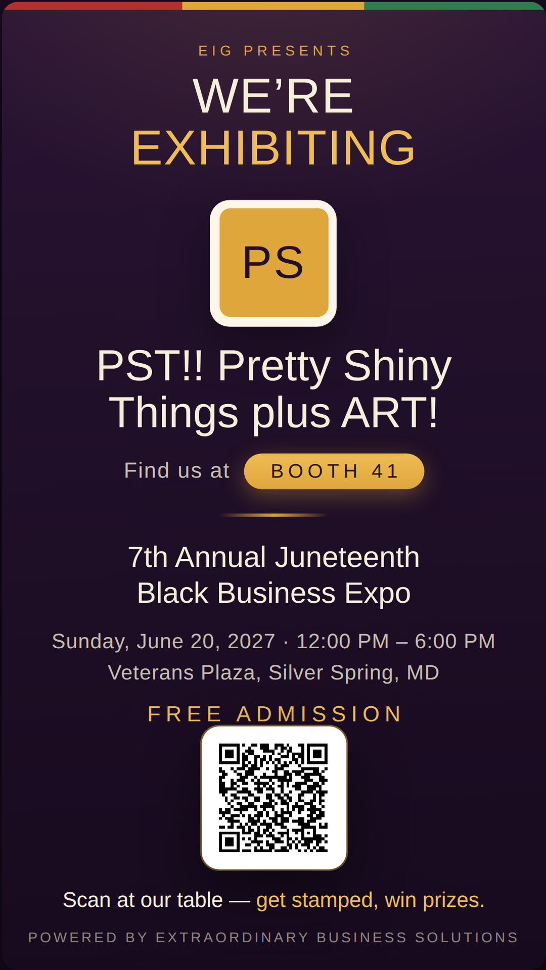Vertical story graphic announcing PST!! Pretty Shiny Things plus ART! at Booth 41