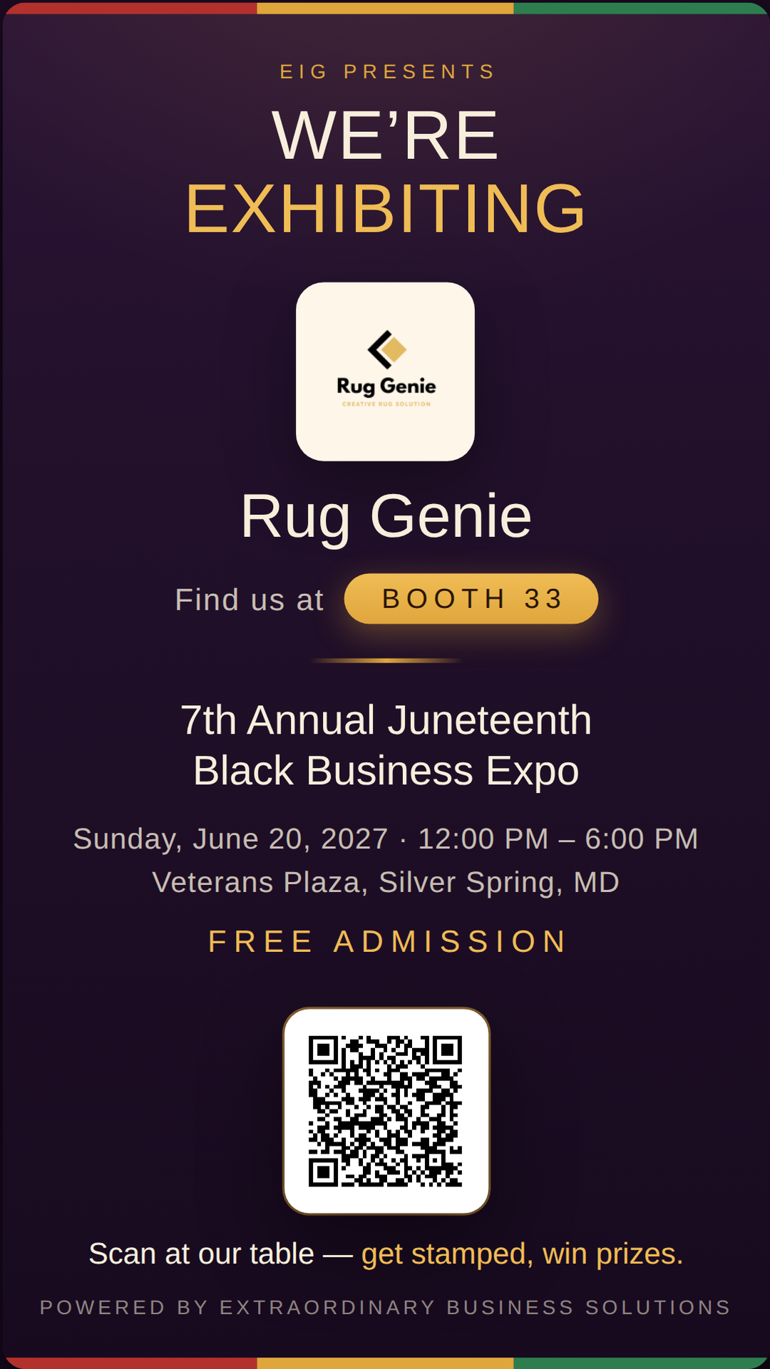Vertical story graphic announcing Rug Genie at Booth 33