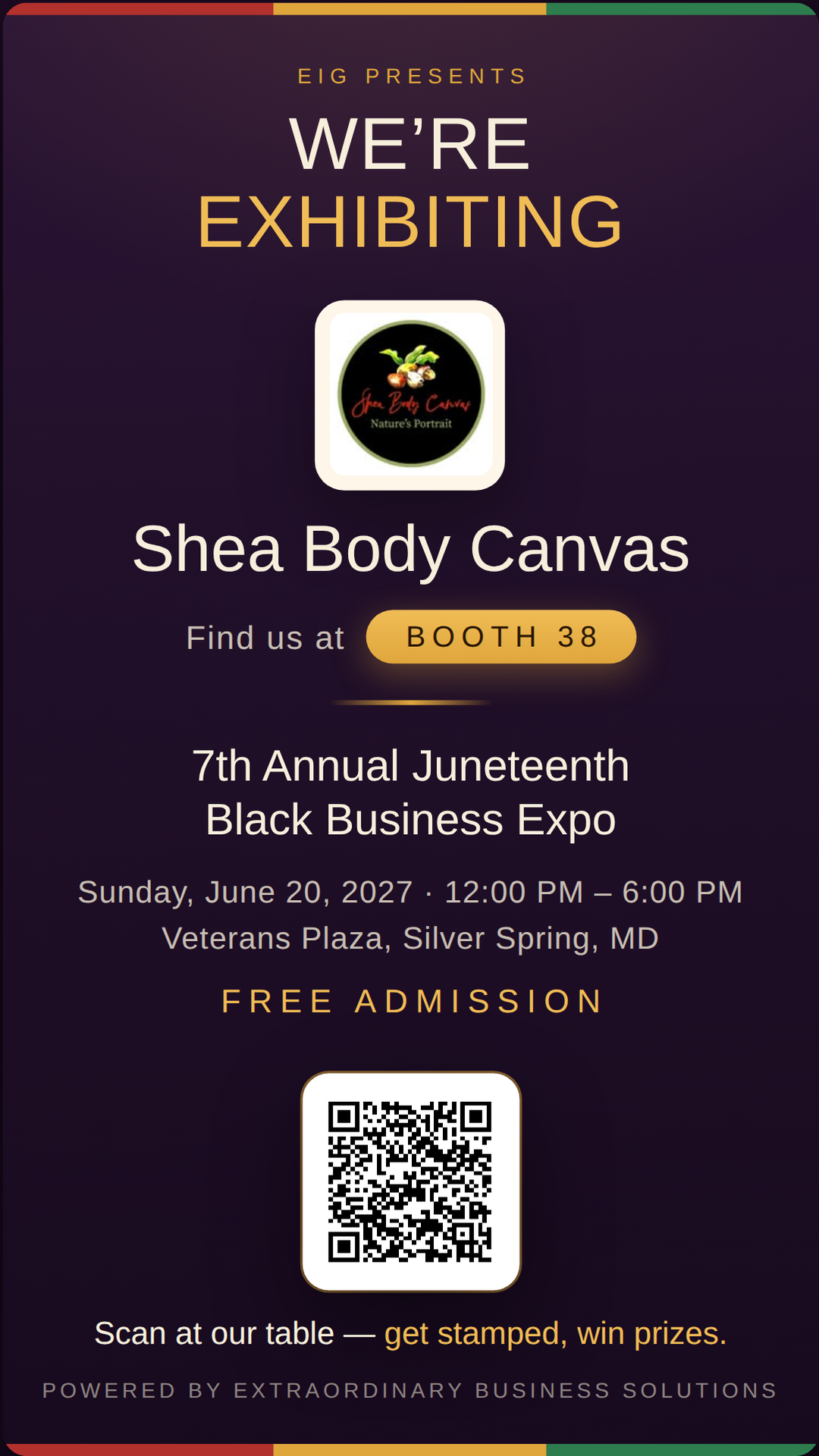 Vertical story graphic announcing Shea Body Canvas at Booth 38