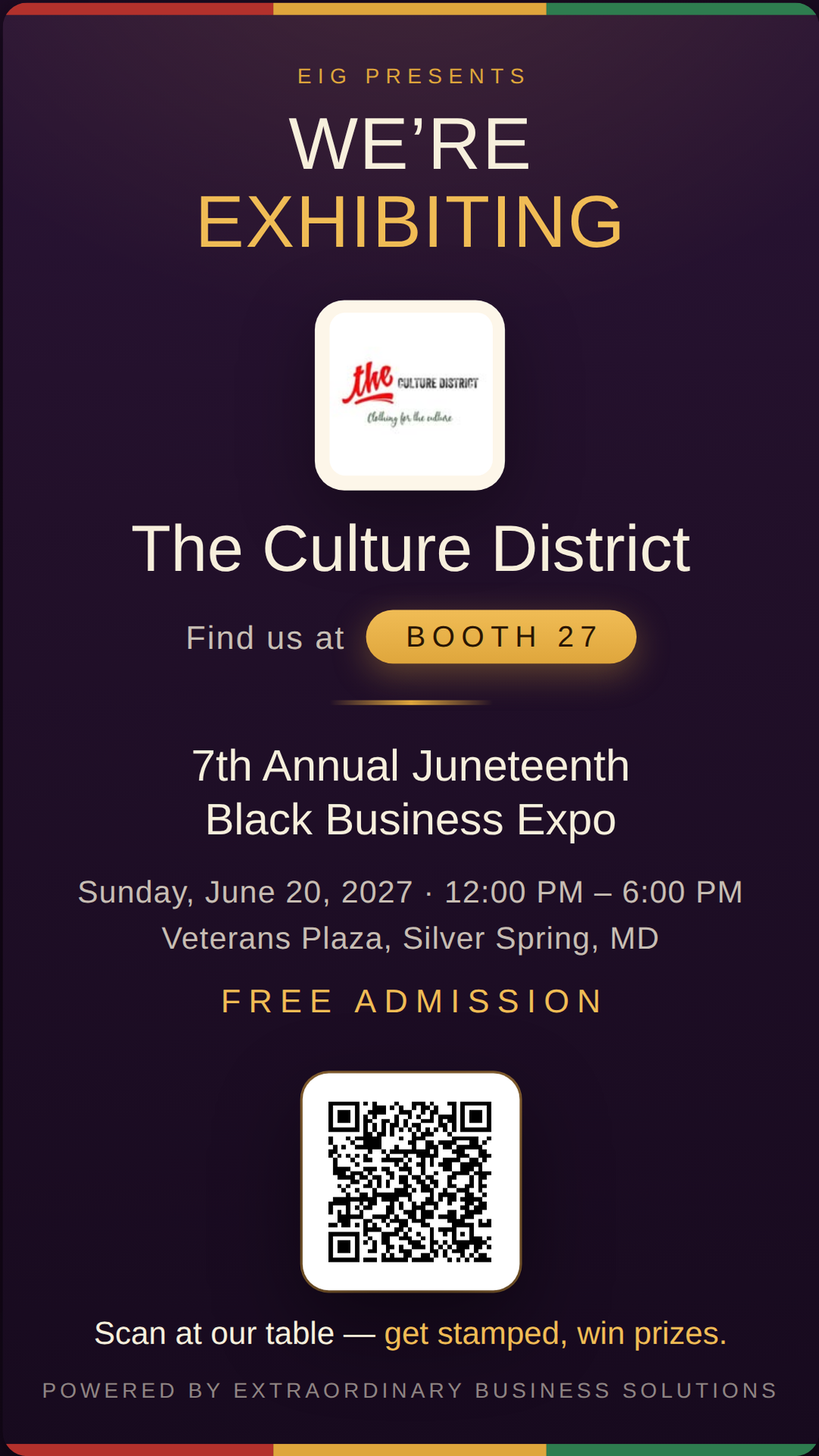Vertical story graphic announcing The Culture District at Booth 27