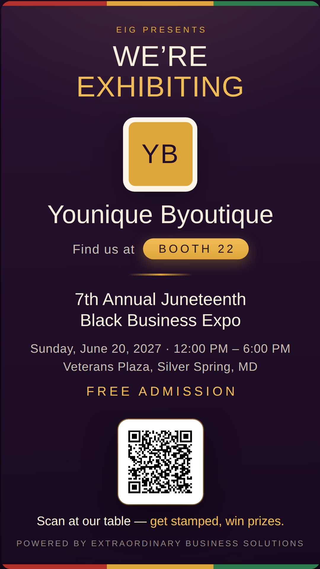 Vertical story graphic announcing Younique Byoutique at Booth 22